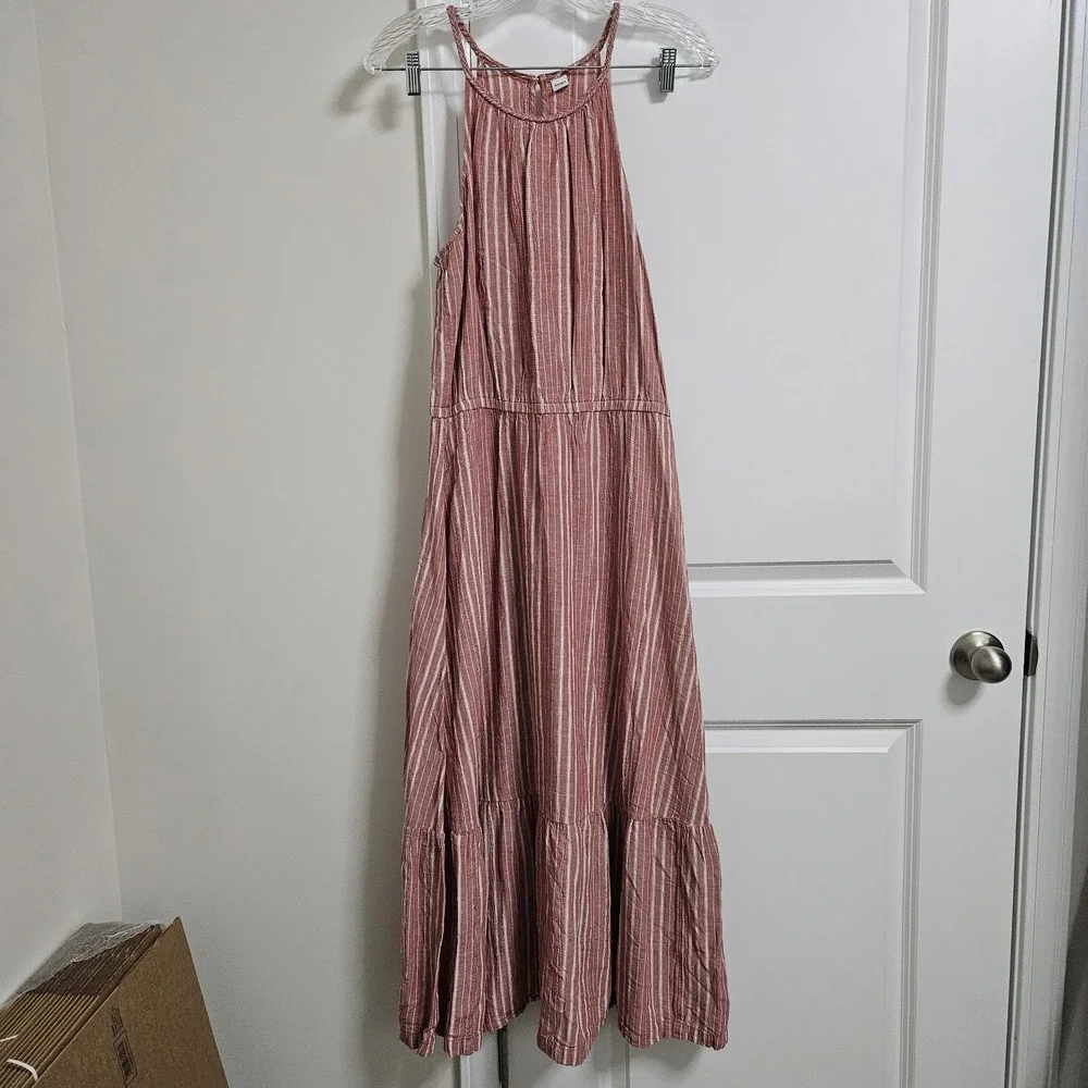 Old Navy Maxi Dress Women Lg Red Striped Halter Neck Linen Blend Tiered Boho‎ - Picture 2 of 9